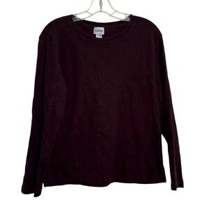 Chicos Round Neck Chocolate Brown Long Sleeve Embroidered All Over Tee Size 3